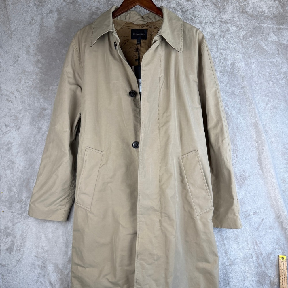 Banana Republic Mens Khaki Mac Coat Trench Jacket Map Print Lining Tan Large NEW